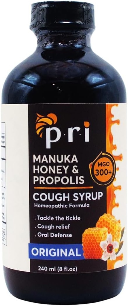 P.R.I Natural Dry Cough Syrup with Manuka Honey, Propolis, Tea Tree Oil and Vitamin C - Sore Throat &amp; Immune Support, Original Flavor, 8oz