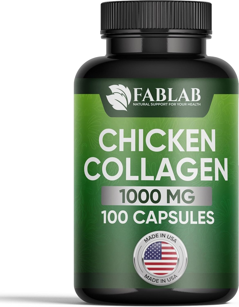 FabLab Chicken Collagen Tipo II Suplemento - Suplemento Nutricional para Soporte Conjunto, Nerve &amp; Bone - Producto dietético antienvejecimiento con péptidos hidrolizados- 100 cápsulas