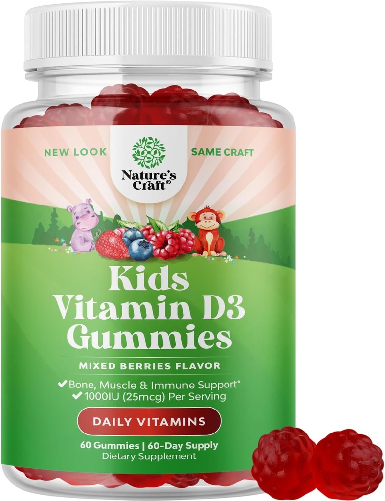 Gummies de vitamina D para niños - Delicious Vitamin D 1000 IU Por Serving - Toddlers Immune Support Gummies - Berries Flavored Supplement for Bones Health & Muscles - Gelatin Free - 60 Chews