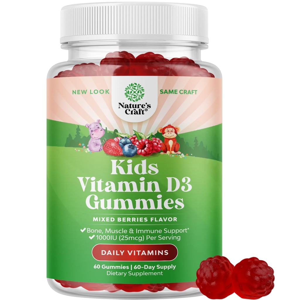 Gummies de vitamina D para niños - Delicious Vitamin D 1000 IU Por Serving - Toddlers Immune Support Gummies - Berries Flavored Supplement for Bones Health & Muscles - Gelatin Free - 60 Chews