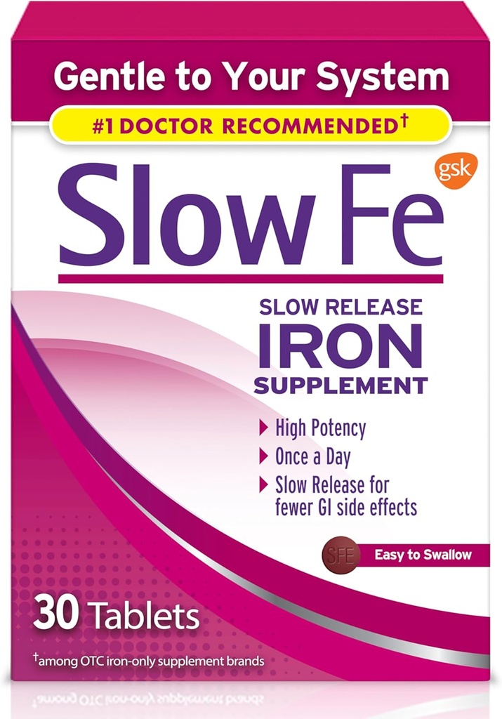 Suplemento de hierro lento de 45 mg para la deficiencia de hierro, liberación lenta, alta potencia, tablas fáciles de absorber - 30 cuenta