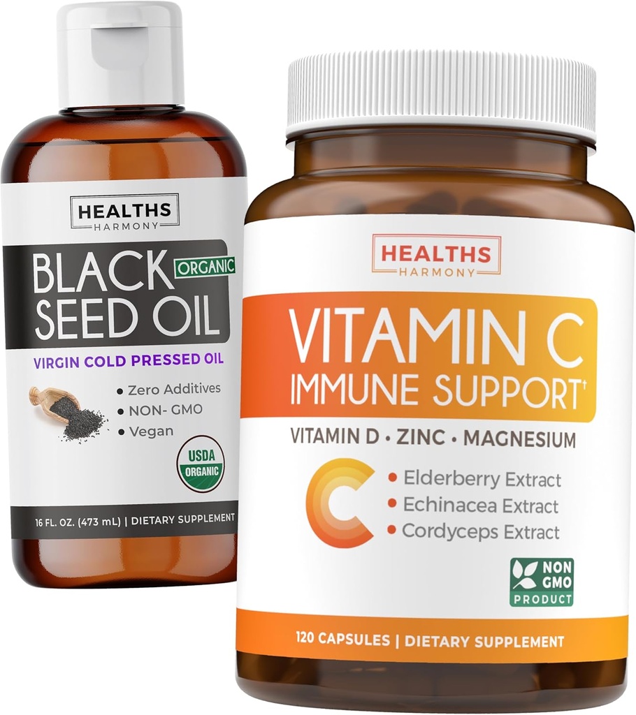 Black Seed Oil Liquid & Immune Support (2-Month Supply) Immune Maximiser Bundle - Black Seed Oil Liquid (16fl.oz) Premium Cold-Presed Clack Cumin Seed Oil & Vitamin C Immune Support (120 Veg Caps)