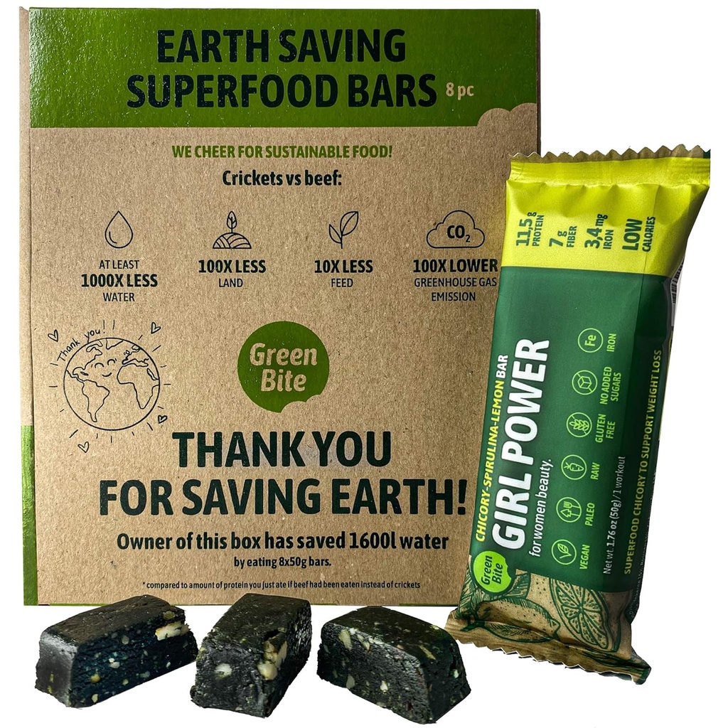 Chica Power Protein Bares Low Calorie High Protein, Meal Replacement Bars for Best Figure, Vegan Protein Snacks, Iron-Rich Protein Bares, No Sugar, Chicory Spirulina Lemon Flavor, Pack of 8 - Green Bite