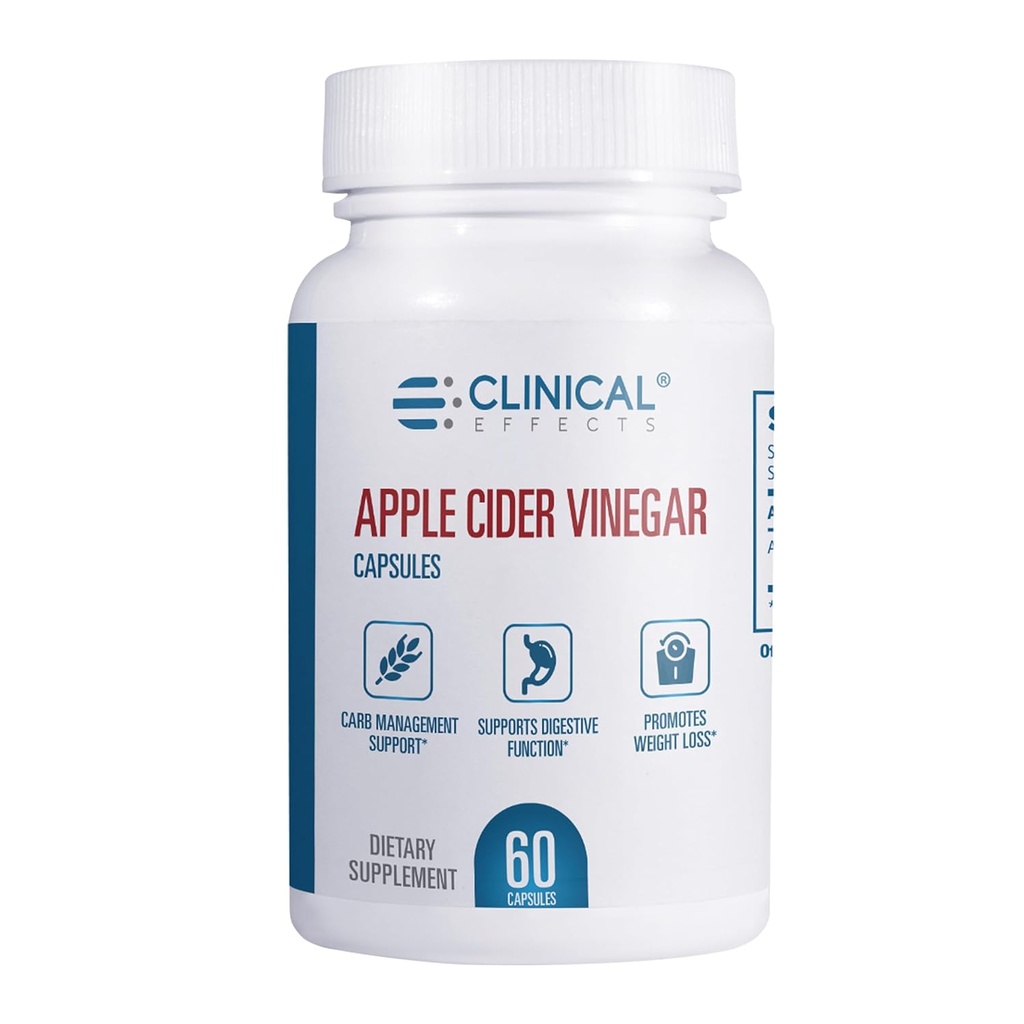 Efectos clínicos Cápsulas de vinagre de manzana - 1300mg Puro vinagre de sidra de manzana para la gestión del peso, la salud cardíaca y el apoyo energético - 60 píldoras vegetales ACV - Hecho en los EE.UU.