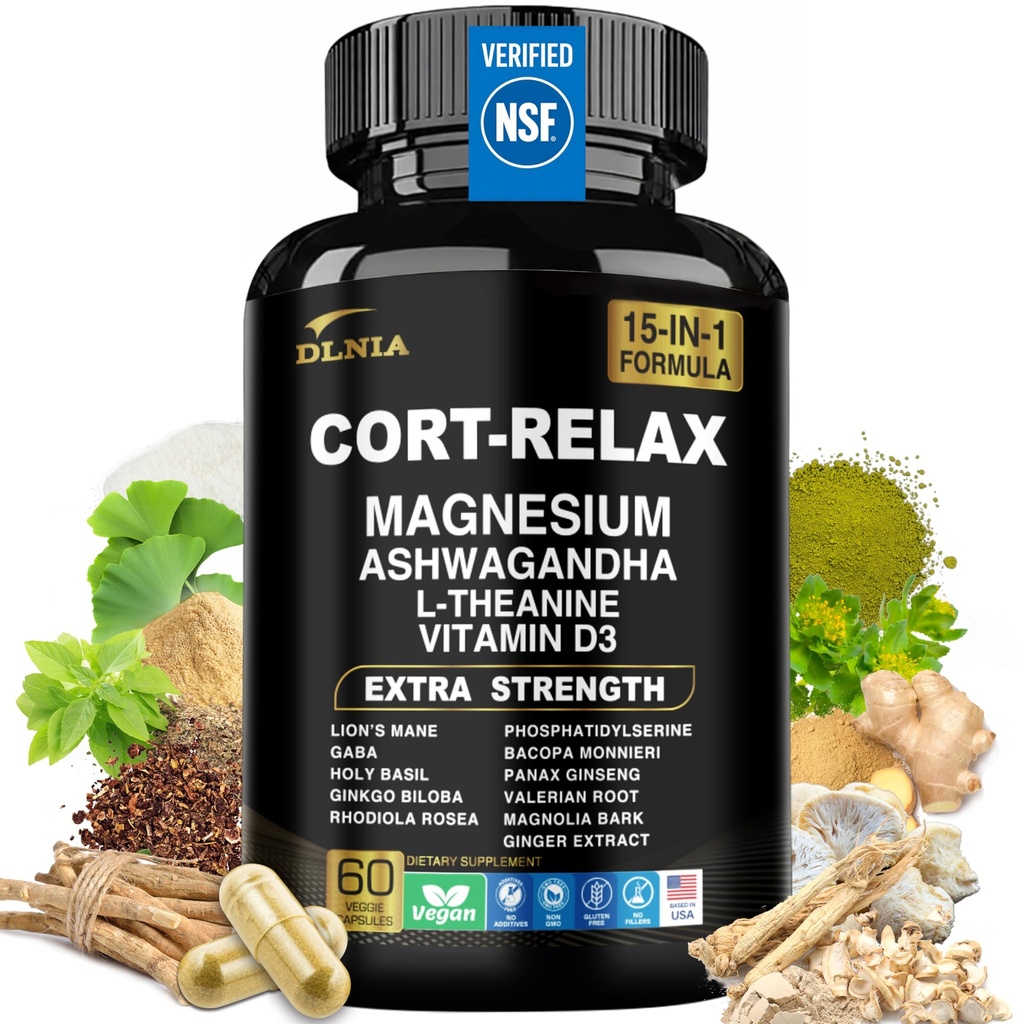 Super Calm Cortisol Suplemento con Magnesium Glycinate, Ashwagandha KSM-66, L-Theanine, Phosphatidylserine, Ginkgo Biloba &amp; Lions Mane for Calm, Focus, Mental Clarity, Relax, Sleep, Energy