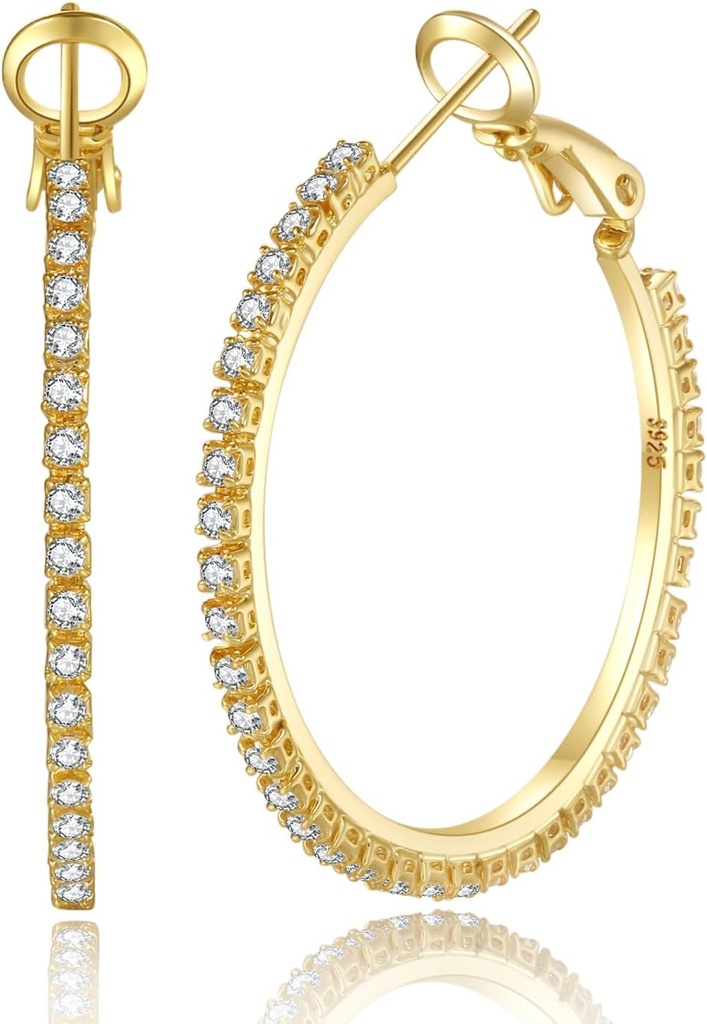 PABBEU 2mm 925 Pendientes de plata de ley grandes pendientes de plata de ley para las mujeres grandes anillos de aro de Rhinestone Thin Hypoallergenic Zirconia Pendientes para las mujeres 30/40/50/60/70mm