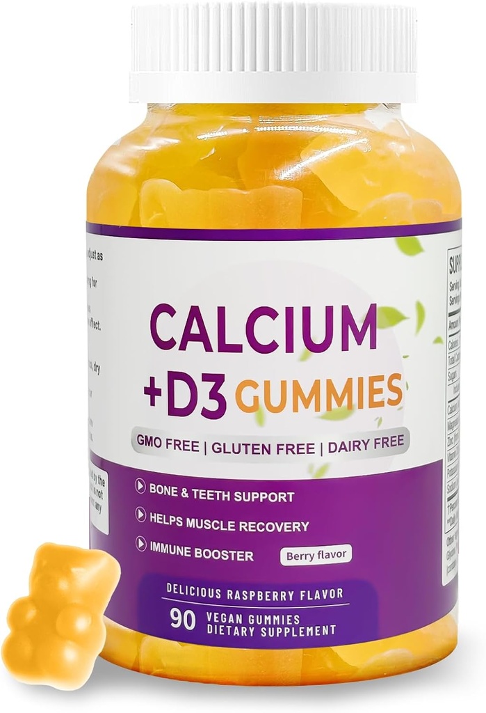 Calcium Magnesium Zinc Supplement Gummies D3-90 Tablets Per Bottle (Calcium 500mg - Magnesium 200mg - Zinc 10mg - Plus Vitamin - Per Serving of 2 Tablets) Vegan Berry Flavor