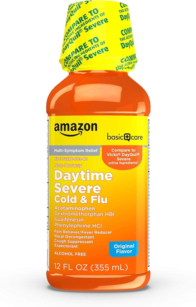 Cuidado básico Severe Tiempo del día frío y la gripe, Máxima fuerza de la medicina líquida, No-Drowsy, Alivio multi-síntoma, para adultos y niños mayores de 6 años, Original, 12 fl oz (Pack of 1)