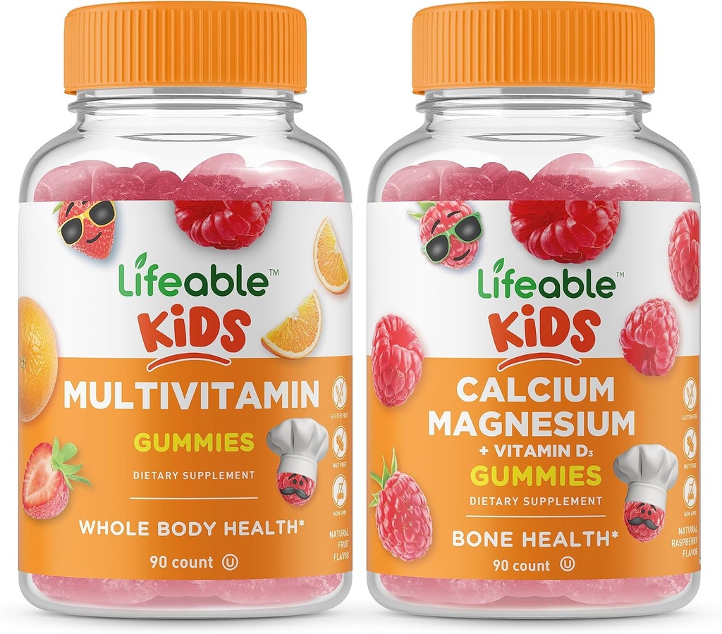 Niños multivitamínicos vitales + Calcio Magnesium Kids, Gummies Bundle - Gran Tasting, Suplemento de vitamina, Gluten Gratis, GMO Gratis, Chewable Gummy