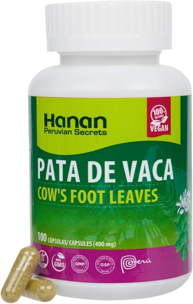 Hanan Pata de Vaca 100 cápsulas – apoya Detox &amp; Digestive Health 100% Pure Cow’s Foot Leaves (Bauhinia forficata) Vegan " Non-GMO Natural Herbal Suplemento del Perú