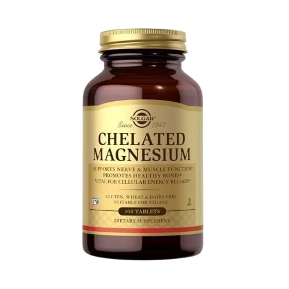 Solgar Magnesio Chelated - 100 Tablets - Soportes Nerve & Función muscular - No GMO, Vegan, Gluten Gratis, Dairy Free, Kosher - 25 Servimientos