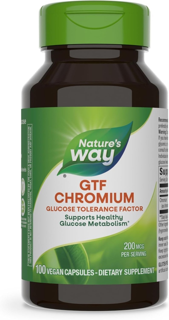 Nature's Way GTF Chromium, Glucose Tolerance Factor, Supports Healthy Glucose Metabolism*, 200 mcg Chromium per Serving, 100 Vegan Capsules (Packaging May Vary)