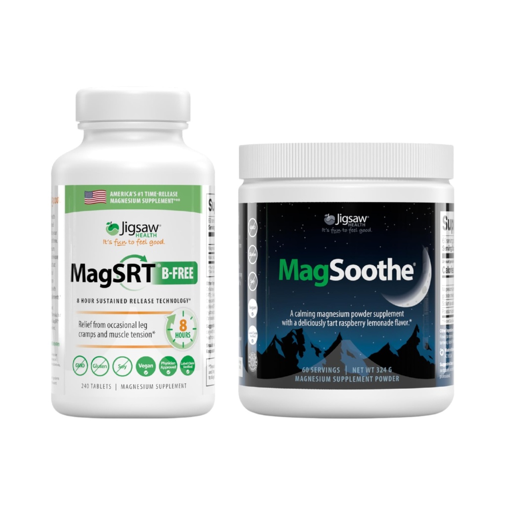 Jigsaw Health Magnesium Bundle Silencioso MagSRT (B-Free), 240 Tablets, y MagSoothe (Raspberry Lemonade), 60 Servings (Jar)