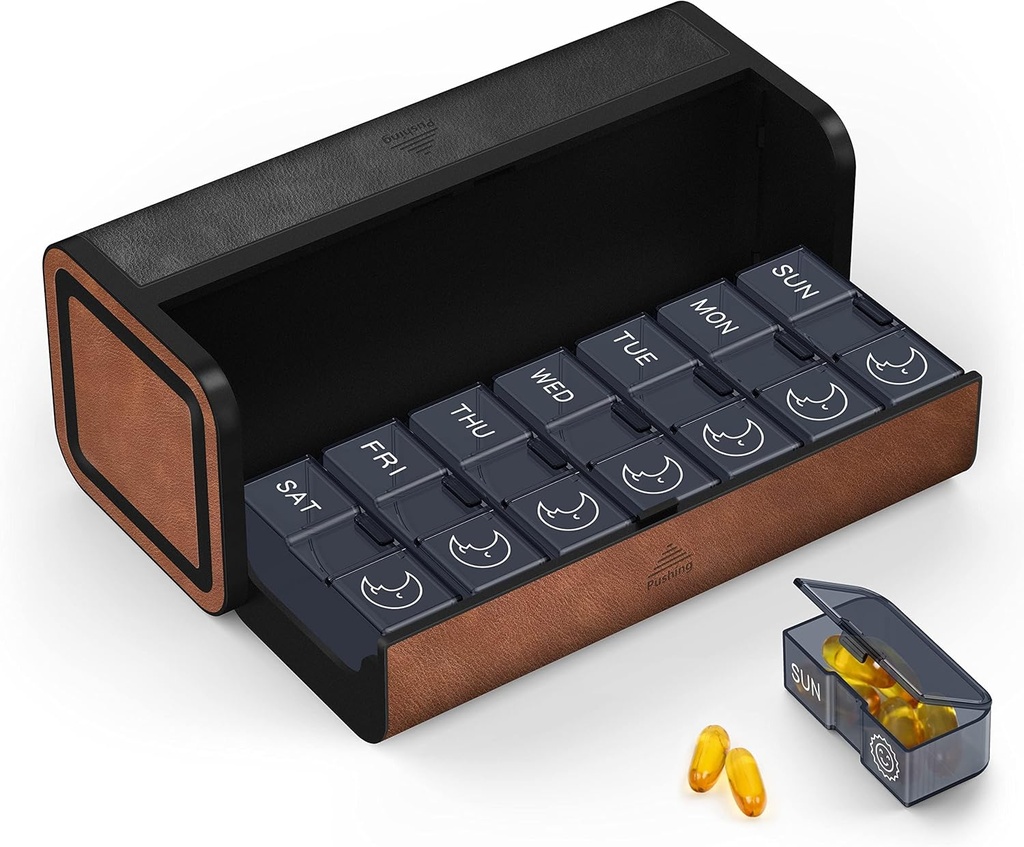 Medicine Pill Organizer, 7 Day AM PM Pill Box 2 Times a Day, Travel Leather Pill Case, Pressing The Double Opening, Holds Medication Vitamins Fish Oil and Supplements (Black and Brown)