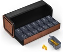 Pill Organizer, 7 Day AM PM Pill Box 2 Times a Day, Travel Leather Pill Case, Pressing The Double Open, Holds Medication Vitamins Fish Oil and Supplements (Black and Brown)