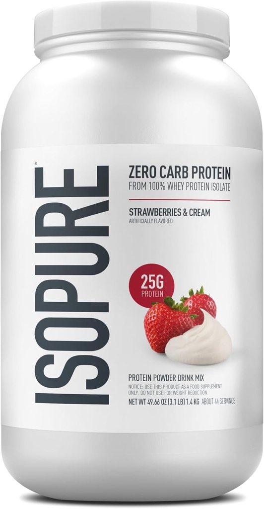 Isopure Zero Carb 100% Pure Whey Isolate Protein Powder, Lactose Free, Gluten Free, With Vitamins, Strawberries & Cream, 25g Protein Por Serving, 3 Lbs, 44 Servings (Packaging May Vary)