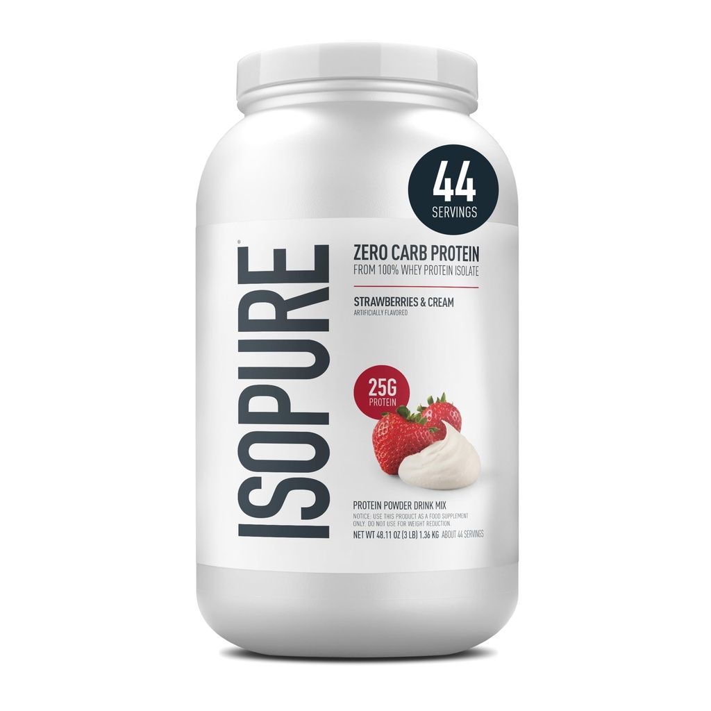Isopure Zero Carb 100% Pure Whey Isolate Protein Powder, Lactose Free, Gluten Free, With Vitamins, Strawberries & Cream, 25g Protein Por Serving, 3 Lbs, 44 Servings (Packaging May Vary)