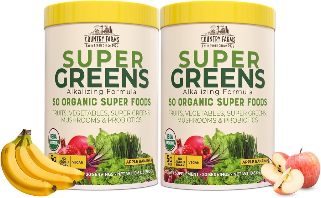Finca Super Greens Apple Banana Powder Smoothie, Ecológico Super Foods, USDA Organic Drink Mix, Fruits, Vegetables, Mushrooms, Superfood Nutrition, 40 Servings, 2 Pack