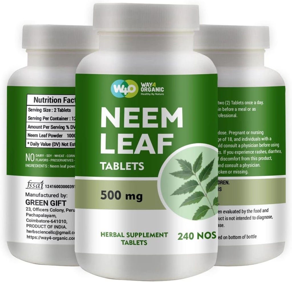 Neem Tablets - 100% Pure (Azadirachta Indica) (240 Cuenta - 500 mg) 120 Días Suministro (1 Pack)