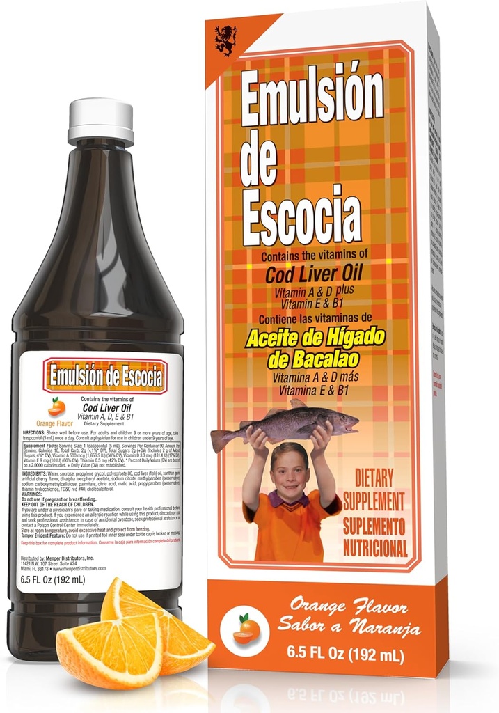 EMULSION DE ESCOCIA Cod Liver Oil, Orange Flavor, 6.5 fl oz (1 Pack) – Fish Oil with Vitamins A, D, E, B1, Omega-3 for Immune and Bone Health, Kids &amp; Adults