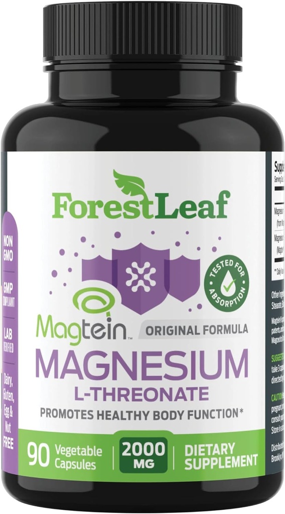 Magnesio L-Threonate Magtein Capsules - 2000mg Magnesium Threonate Supplement Supports Cognitive Function, Focus, Brain, Deep Calm and Sleep for Men &amp; Women ← 90 Powder Veg Caps