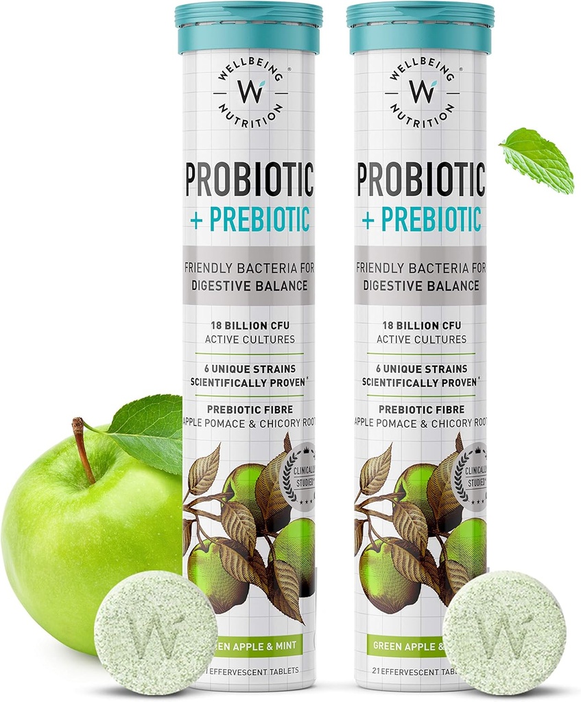 WELLBEING NUTRITION Daily Probiótico + Prebiótico sometido Plant Based TEN18 Billion CFU, 6 Strains for Men &amp; Women with Organic Prebiotic Fiber for Digestion, Gut Health, Metabolism TEN 42 Effervescent Tabs