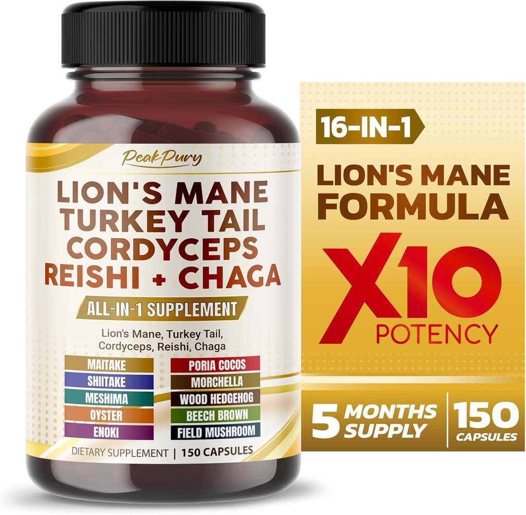 Lion's Mane Turkey Tail Cordyceps Reishi Chaga - Total Wellness Support- Made in USA