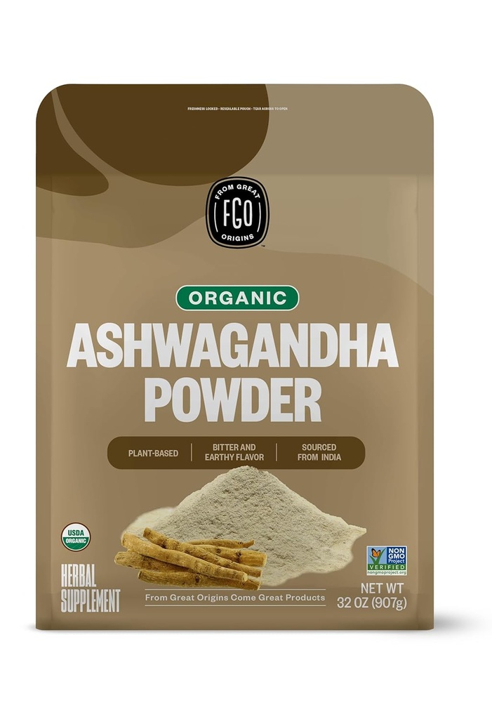 FGO Orgánica Ashwagandha Root Powder, Bolsa de 32oz Resealable Bulk, No GMO, Ginseng Indio, Withania Somnifera, Fuente de la India (Pack of 1)