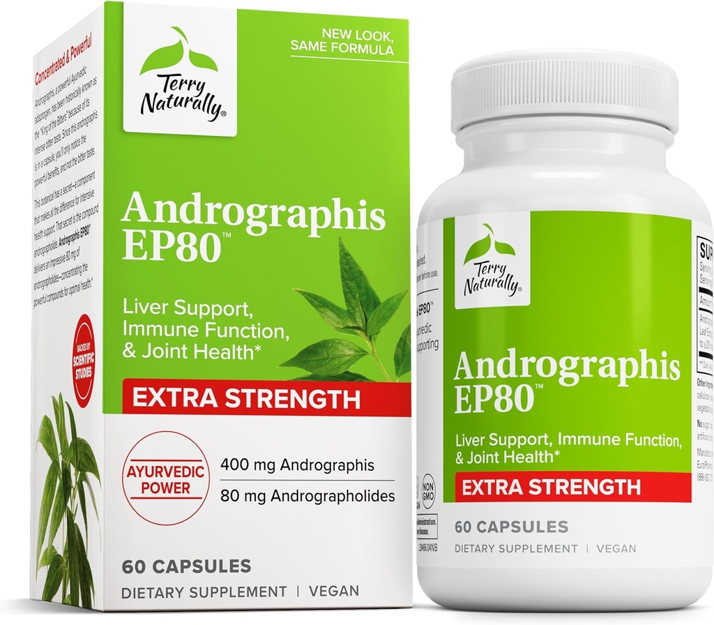 Terry Naturally Andrographis EP80 Extra Strength - Brain Health & Immune Support - Joint Health Supplement to Aid Mobility - Vegan Adaptogen Supplement for Energy & Liver Support - 60 cápsulas