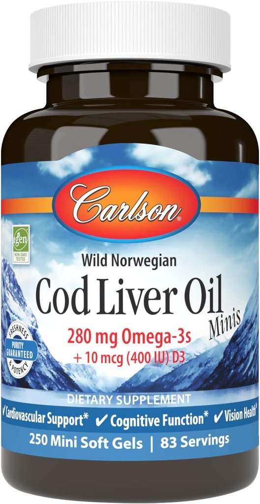 Carlson - Cod Liver Oil Minis, 280 mg Omega-3 + Vitaminas A &amp; D3, Heart Support " Cognitive Function, Vision Health, 250 Mini Soft Gels
