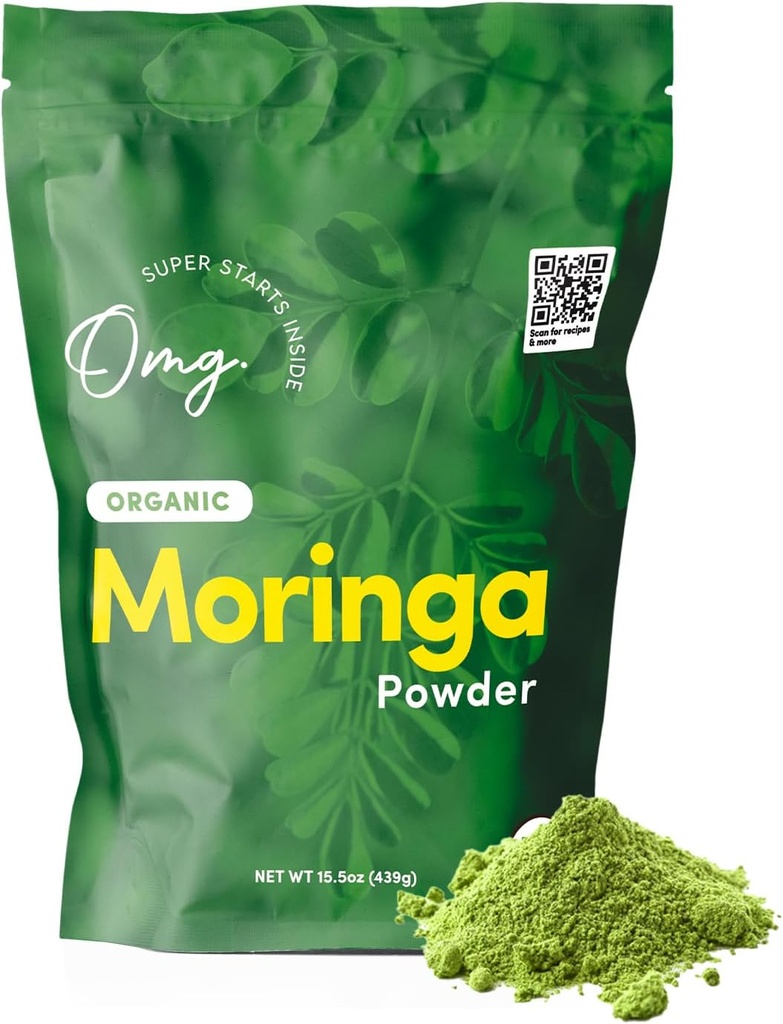 OMG! Superalimentos Orgánica Moringa Polvo - 100% Puro, USDA Certified Orgánica - Buena Fuente de Calcio, Hierro, Vitamina A, Vitamina E &amp; Más! - 15,5 onzas (1 paquete)