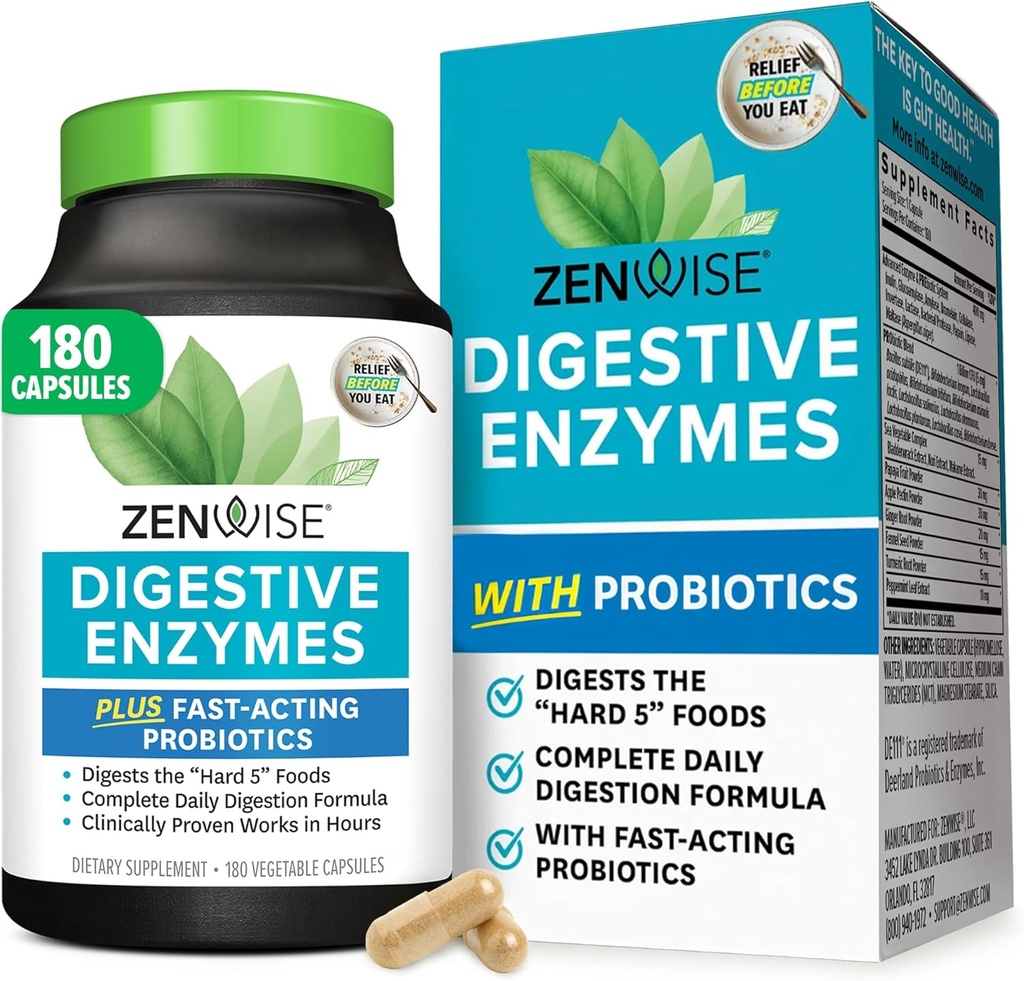 Zenwise Health Digestive Enzymes for Gut Health & Bloating Relief - Multi Enzymes Digestion Supplement with Probiotics, Bromelain " Papaya for Digestive Health Support - Men " Women - 180 Count
