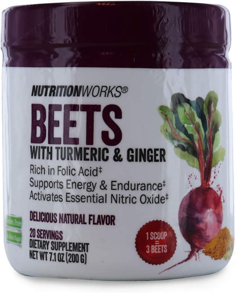 Nutrición trabaja Beets con Turmérica &amp; Ginger. Gluten Free, No Añadido Sugar. Soporta Energía & resistencia. Suplemento dietético. 20 Servicios 7.1 oz