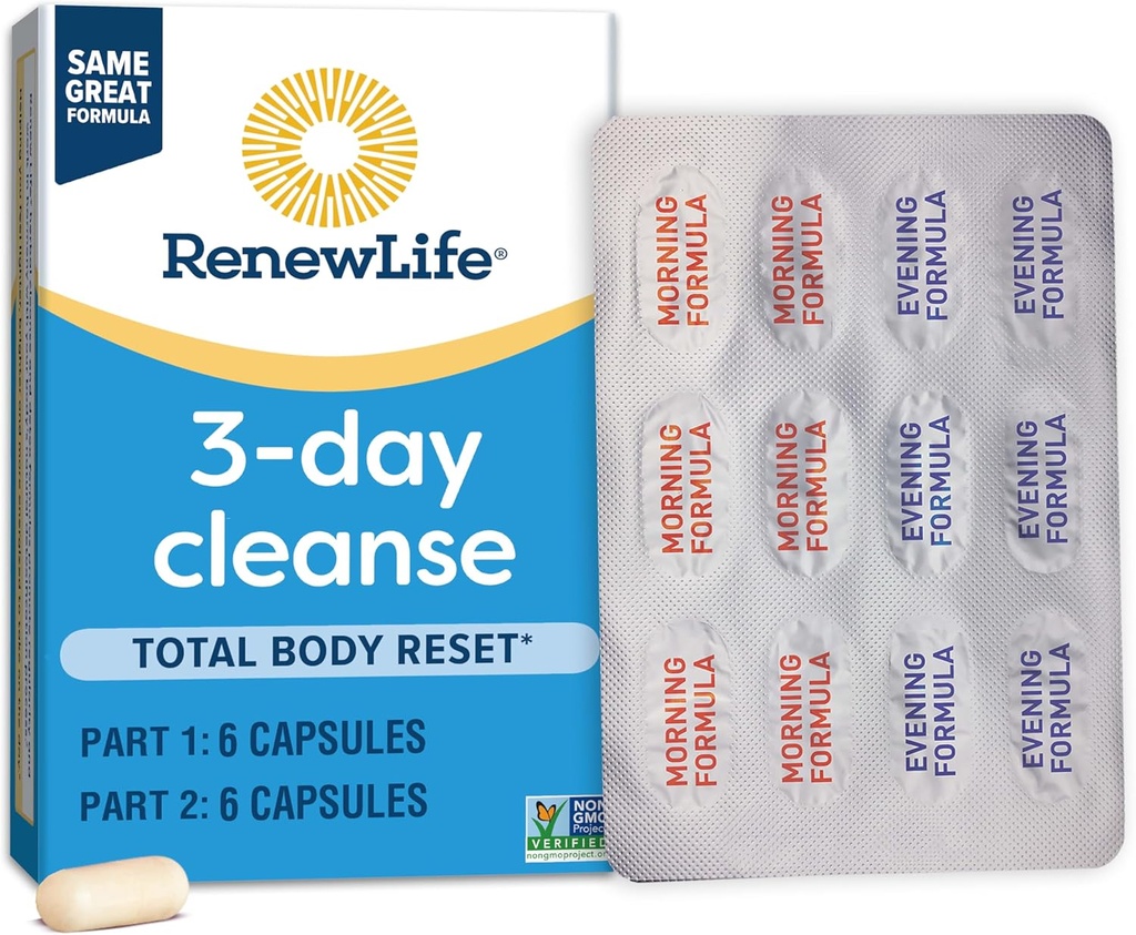 Renew Life 3-Day Cleanse Total Body Reset 2-Part Detox Cleanse Capsules, Digestive Wellness and Regularity, Herbal Blend with Magnesium and Cranberry, Soy, Dairy and gluten-free 12 Conde