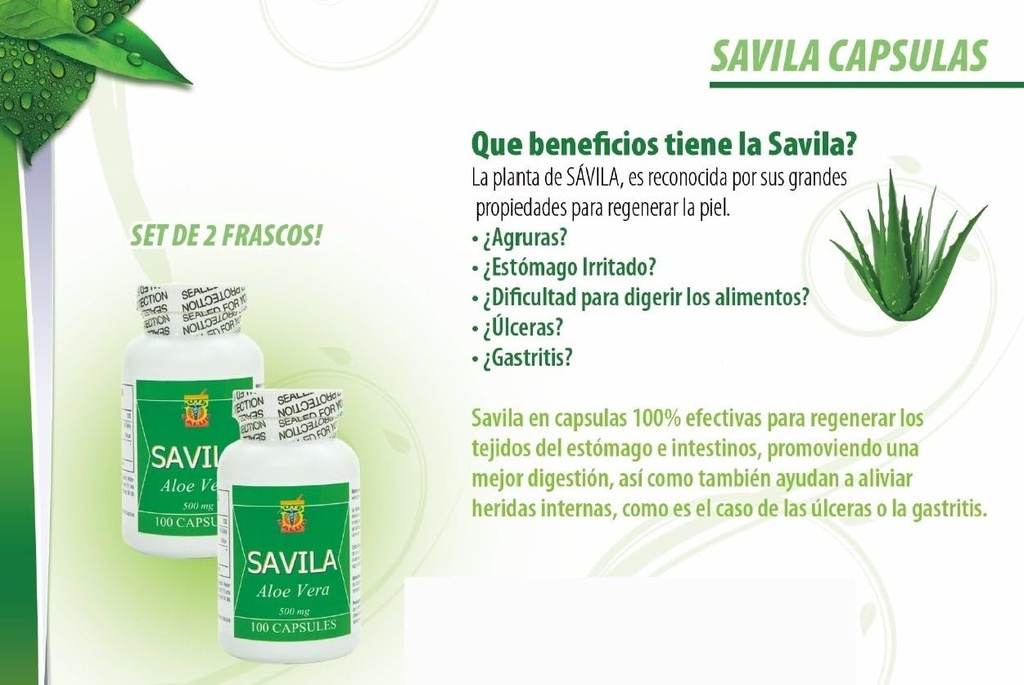 Nutrisalud Productos Capsulas de Savila, Aloe Vera Capsules 500mg. Set de 2 frascos 100 capsulas CADA uno.Efectivo Contra ulceras,agruras,mala Digestión,Colitis,estreñimiento. Dura mas de 3 Meses.