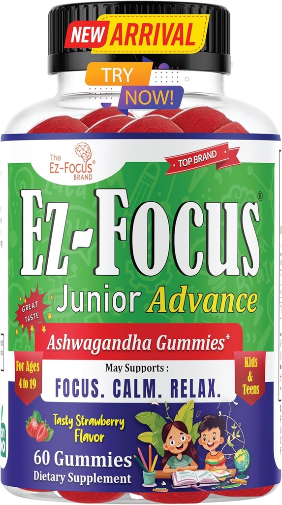 Junior Ashwagandha Gummies for Kids &amp; Teens ← Calm, Focus < Relax Support ¦ Vegan, Non-GMO, Low Sugar Strawberry Flavor Supplement ← 60 Gummies