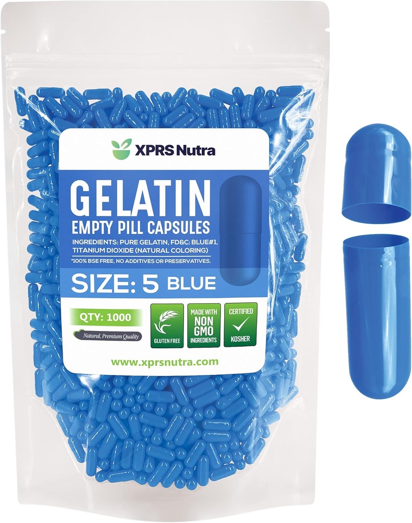 XPRS Nutra Size 5 Empty Capsules - 1000 Count Very Small Empty Gelatin Capsules - Pills DIY Capsule Filling - Fillable Pill Gel Caps for Do-It-Yourself Vitamin Supplements (Blue)