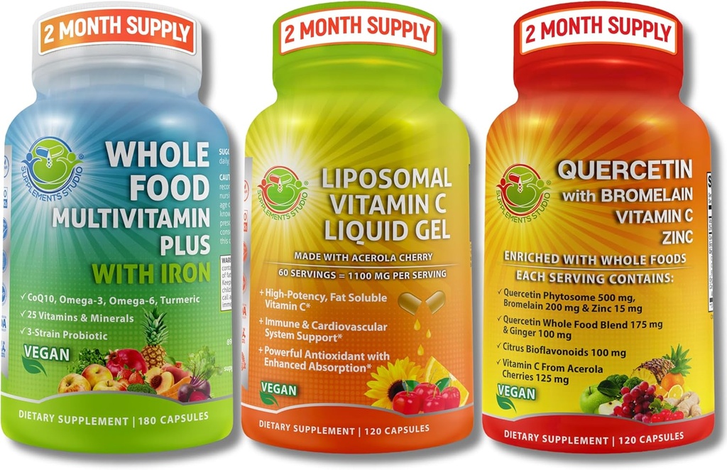 Immune, Energy &amp; Comprehensive Multi-System Support Trio - Liposomal Vitamina C 1100mg Líquido Gel + Quercetina con Bromelaina, Zinc &amp; Vitamina C + Multivitamina diaria con hierro – No GMO, Label limpia