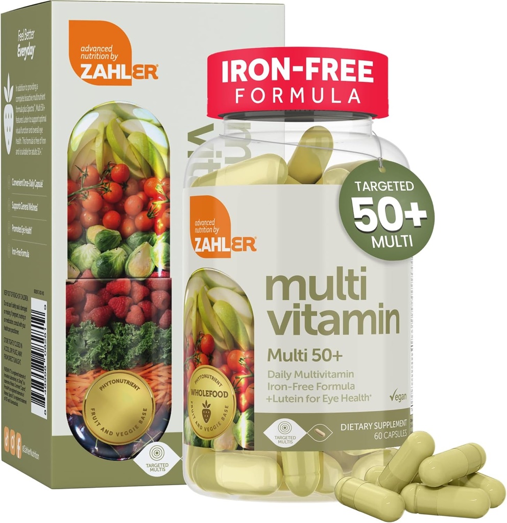 Zahler Multivitamin 50+, Fórmula libre de hierro + Lutein para salud ocular, 60 cápsulas.