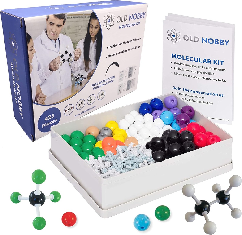 Old Nobby Organic Chemistry Set (425 pc) Modelo molecular Kit con átomos, huesos, guía, herramienta de eliminación de huesos - kits de ciencia STEM para niños juguetes Juego de química para estudiantes profesores jóvenes científicos