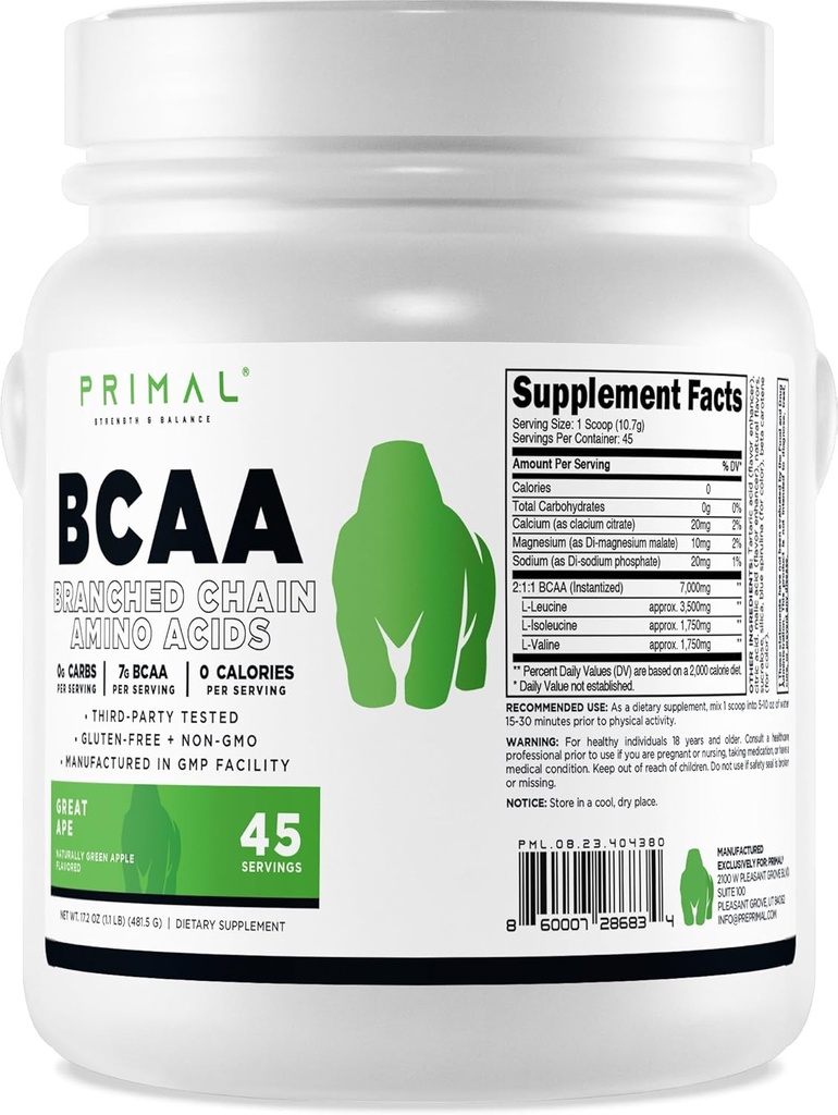Primal BCAA Powder Great Ape (45 SERV) (Gran Apple Flavored) - 0 g Carbs, 0 Calories, 7g BCAA Por Serving
