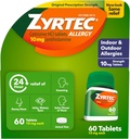 Zyrtec 24 horas Alivio de Alergia Tablas, Indoor &amp; Alergia al aire libre Medicina con 10 mg Cetirizina HCl por Tableta Antihistamínica, Alivio de Alergias, 60 cuentan.