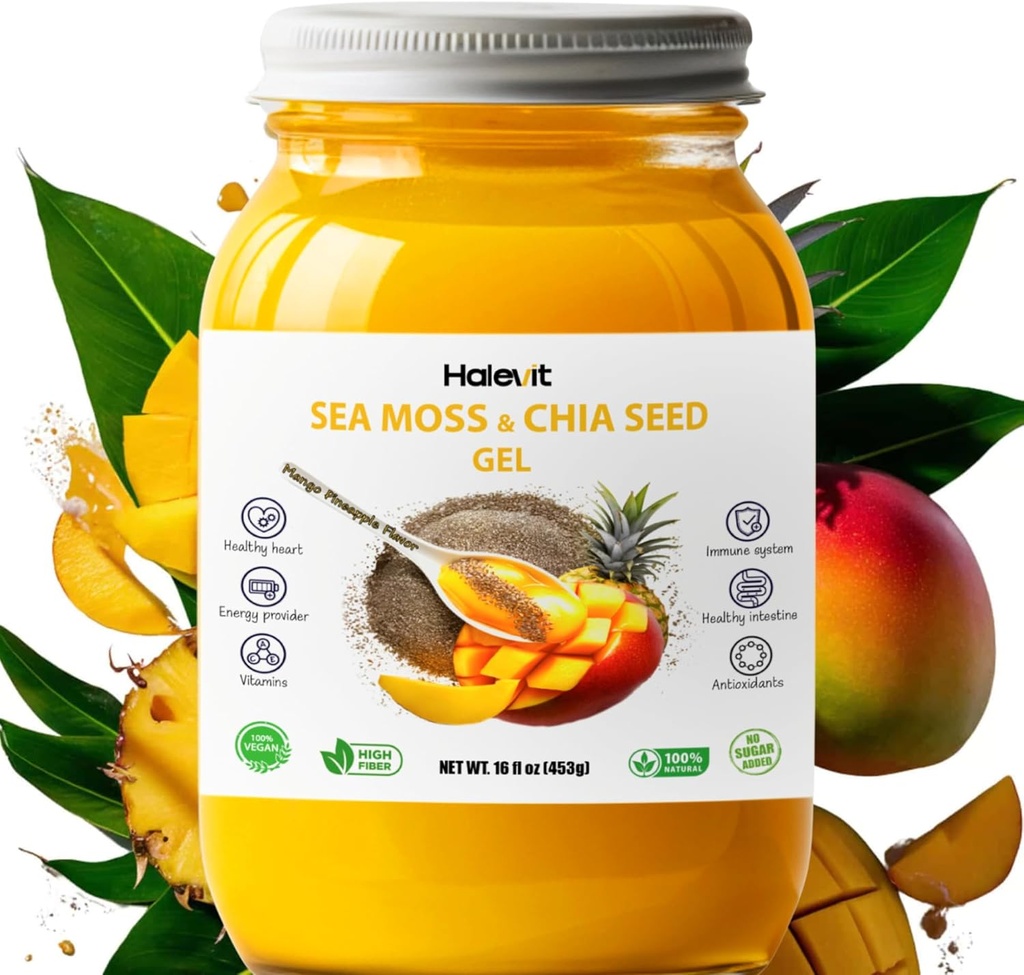 Mar Moss Gel con Semillas de Chia Terrestre, Mar Moss Gel Orgánico Raw – Fuente de Iodo Natural, Omega-3, Immune &amp; Digestive Support, Vegan Superfood, Mango Pineapple Flavor, Made in USA, 16 oz