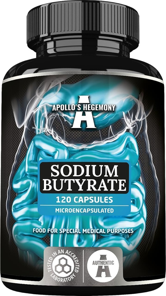 Sodium Butyrate High Dose 570 mg (30% Butyric Acid), 120 cápsulas Vegan, 4 meses de suministro, sodio suplemento para apoyar la regeneración intestinal de barrera y la salud excesiva - por la hegemonía de Apolo
