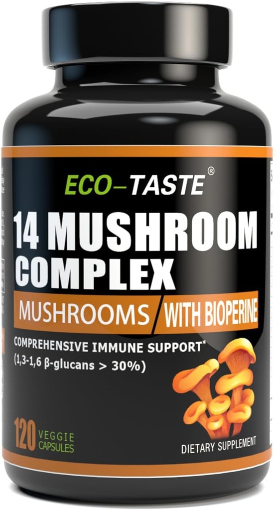 14 Setas Suplemento 120 Cápsulas - Immune System Booster & Nootropic Brain Supplement – con Lion’s Mane, Reishi, Maitake, Turquía Tail, Complejo Chaga – Black Pepper for Absorption, 30% Beta-Glucan