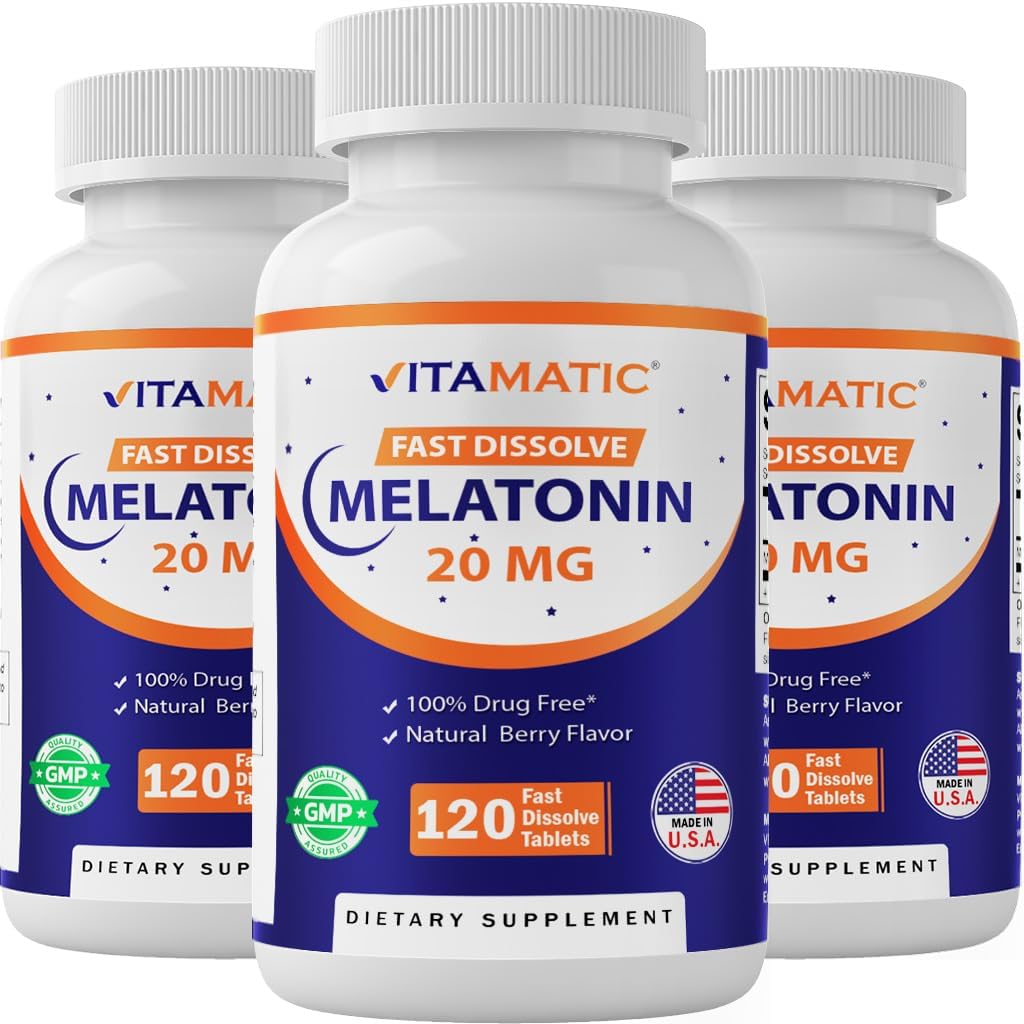 Vitamatic Melatonin 20 mg Tablets ← Vegetariano, No GMO, Gluten Free ← HIGH Potency 20 MG ← Natural Berry Flavor (1/2 Tablets = Melatonin 10 mg) (120 Cuenta (Pack of 3))