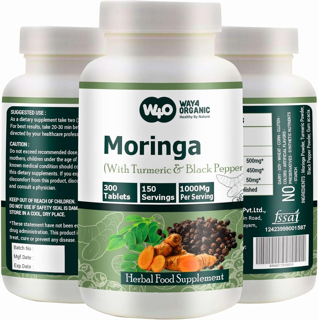 Moringa Tablets with Turmeric and Black Pepper, 300 Pills, 5 Month Supply, 150 Serving, 1000 Mg por Serving. Una cápsula con múltiples beneficios - apoya la salud digestiva (Pack of 1)