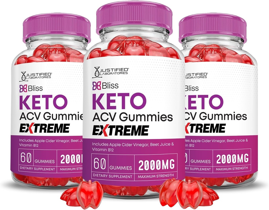 Laboratorios Justificados (3 Pack Bliss Keto ACV Gummies Extreme 2000MG Bliss Keto Gummies Apple Sider Vinegar Formulado con Pomegranate Beet Juice Powder B12 Vegan Non GMO 180 Gummys