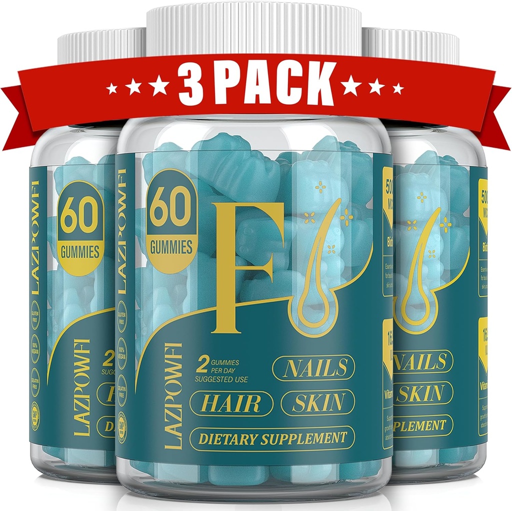 Biotin Gummies -Hair Skin and Nails Vitaminas para Hombres &amp; Mujeres, Vegan Vitamina B7, apoya el crecimiento del cabello y las uñas más fuertes,90 Day Supply - Blueberry-3 Pack