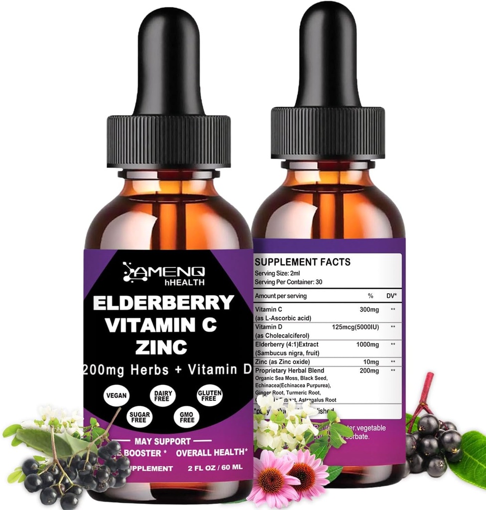 Orgánica de Elderberry Syrup, gotas líquidas Vitamina C y Zinc para adultos, 11-in-1 Sambucus Black Elderberry Tincture w/ Vitamin D3, Sea Moss Black Seed, Elderberry Immune Support Suplemento
